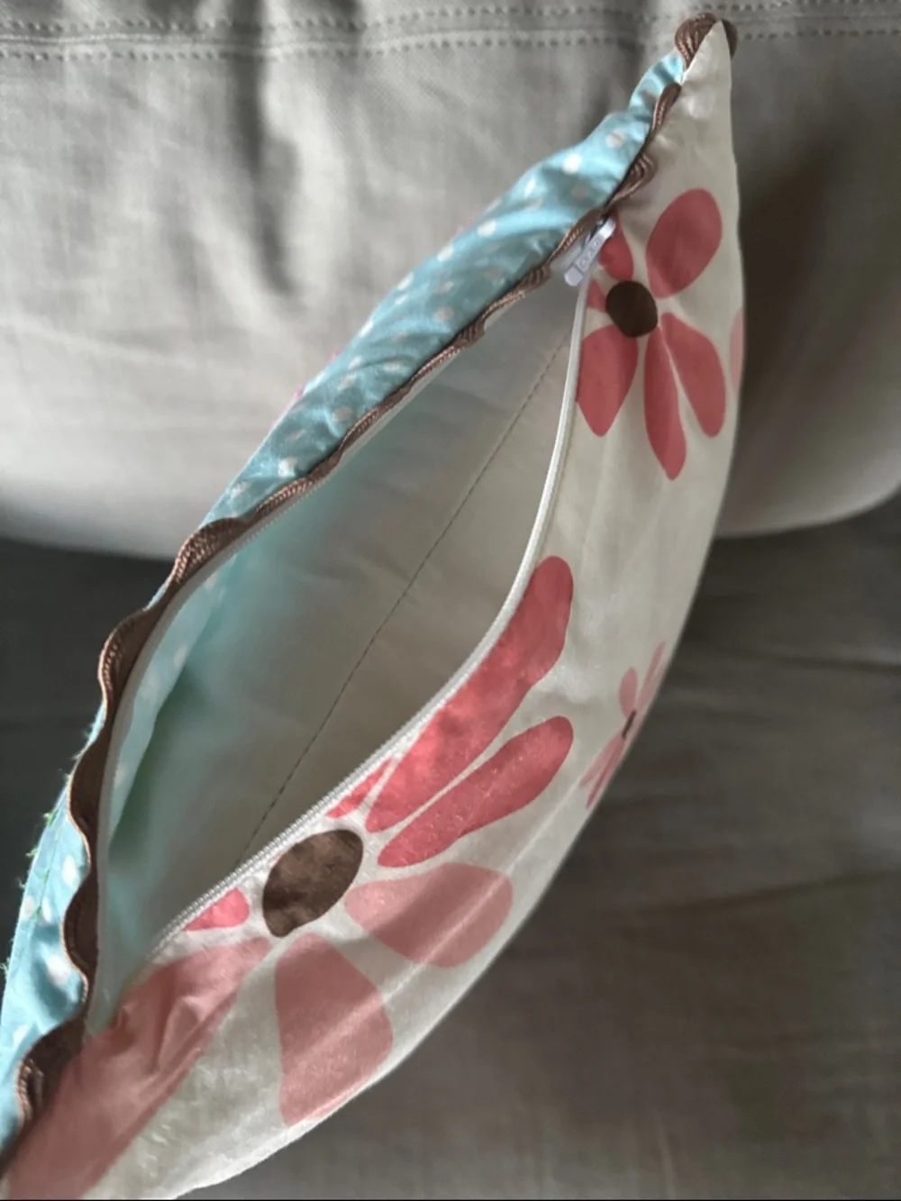 Pottery Barb Kids Owl Throw Pillow pastels embroidered patchwork scalloped pink
